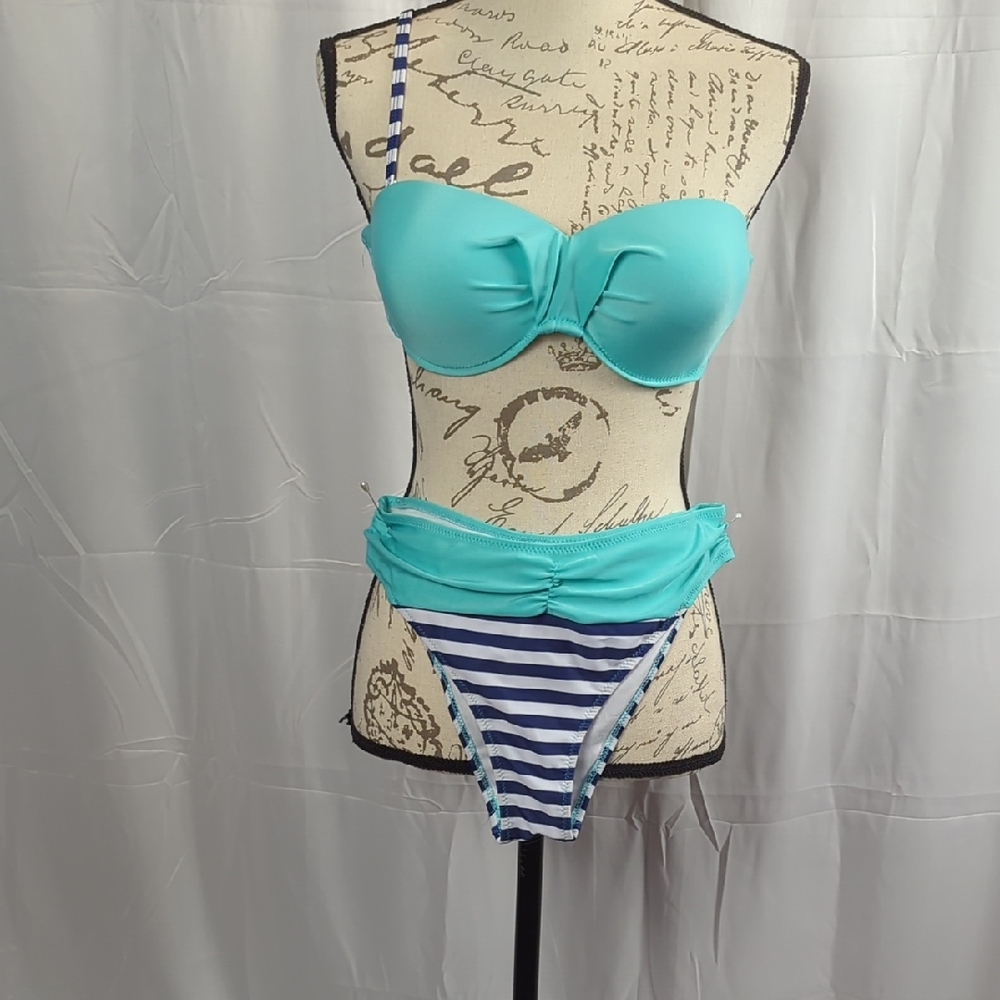 SHEIN Turquoise and Navy Striped Bikini